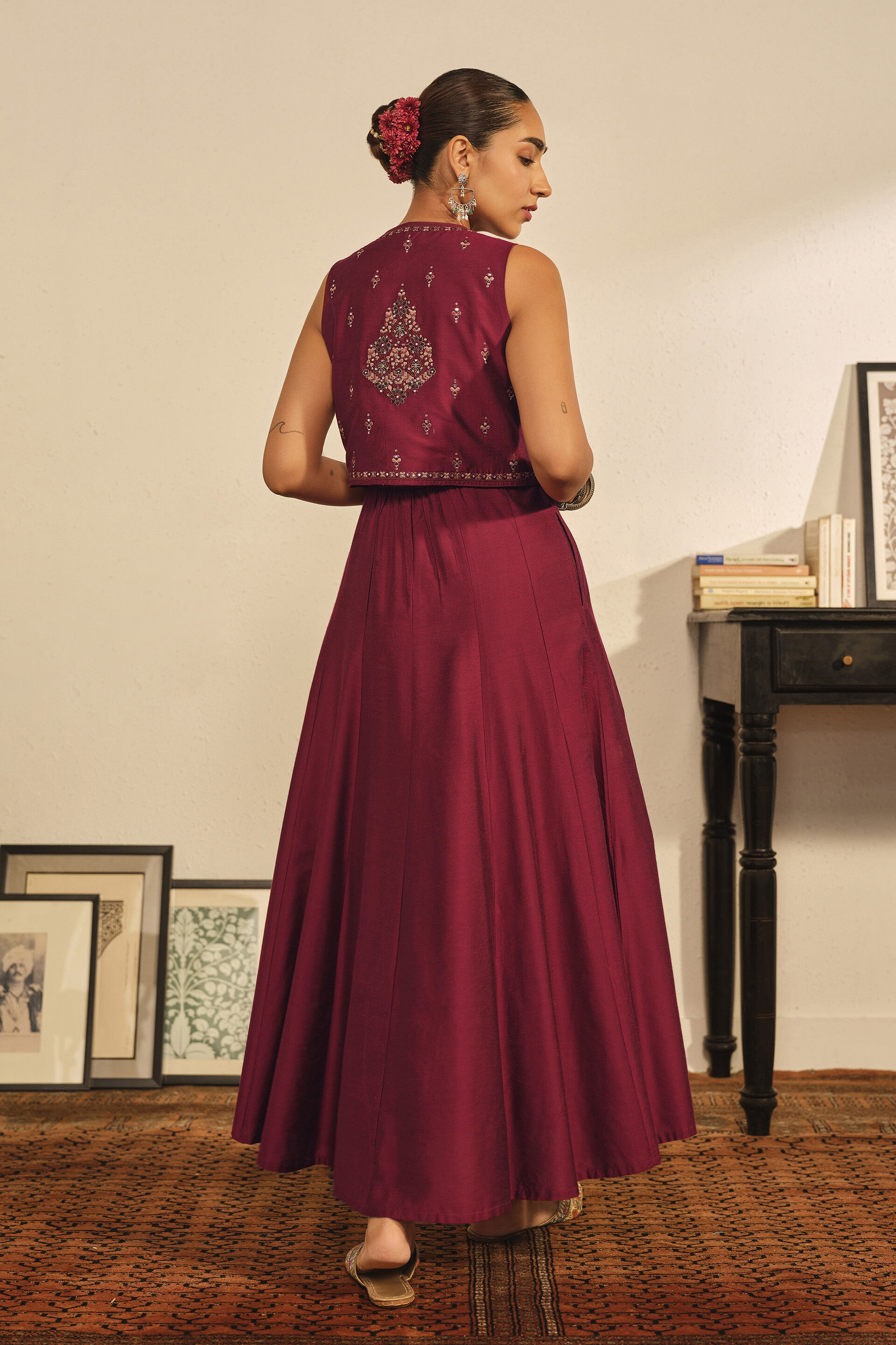 Embroidered Maxi Dress Set in Maroon, Maroon, image 5